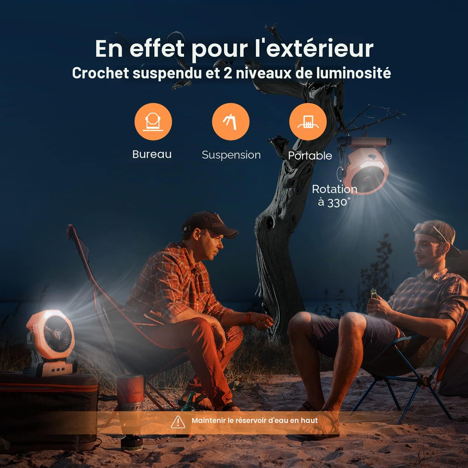 Ausic Ventilateur brumisateur portable pour refroidissement extérieur, [24 à 90 heures] Ventilateurs de brume à piles avec brumisateurs d'eau et lanterne LED, réservoir de 20,3 cm, réservoir de 250 ml