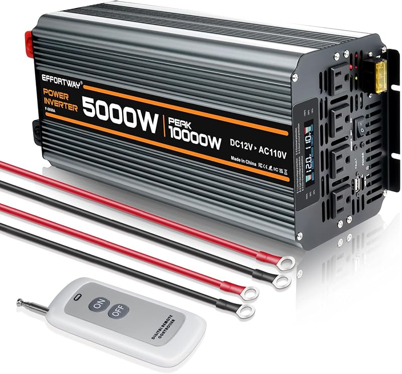 Inversor de corriente de 5000 vatios Convertidor de CC de 12 V a CA de 110 V/120 V, pico de 10000 vatios. Viene con pantalla LCD, controlador inalámbrico, 4 salidas de CA, 1 inversor USB.RV, adecuado para acampar y sistemas de inversores solares fuera de la red