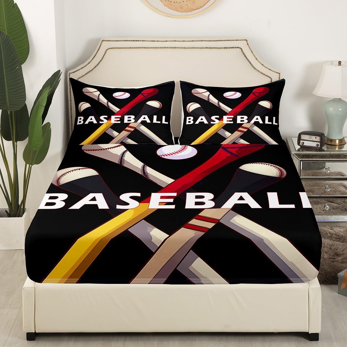 Erosebridal Sports Bed Set Full Size, 3D Ball Games Fitted Sheet, American Baseball Field with White Markings Painted On Grass Design, Sports Players Decorative Sheets 3Pcs, Lime Green