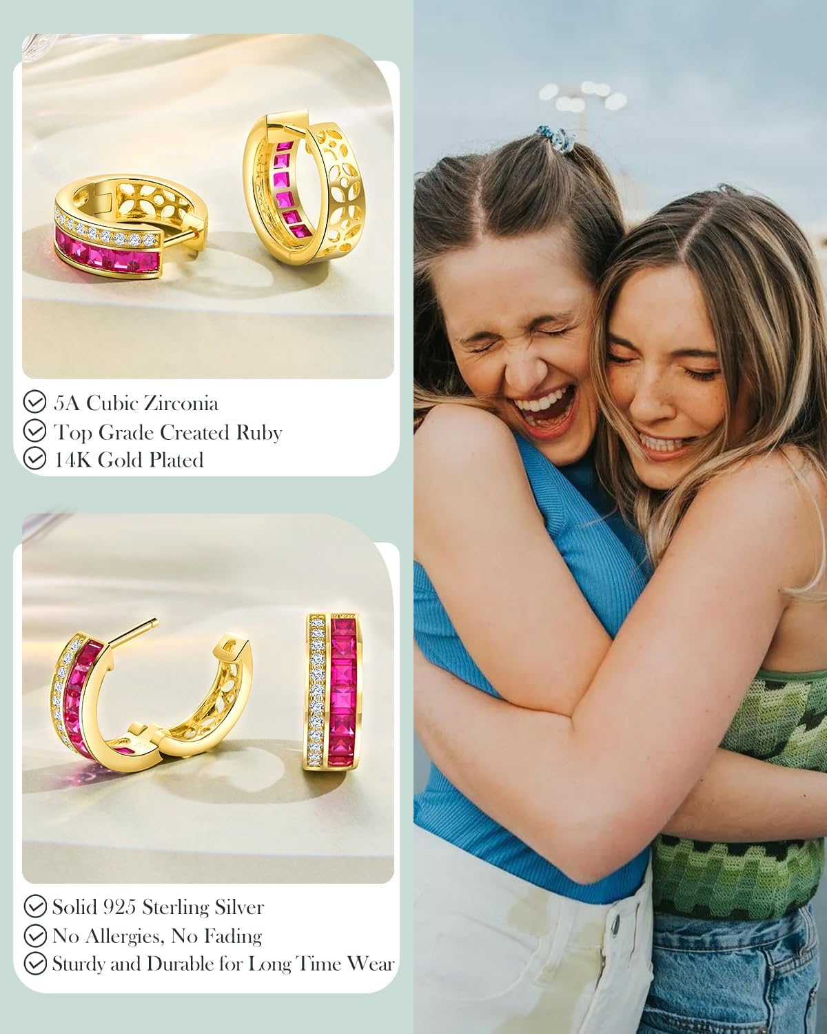 Emerald Cut Moissanite/Created Gemstone Hoop Earrings for Women 14K Gold Plated/925 Sterling Silver 15mm/21mm Huggie Hoops Anniversary Valentine's Day Christmas Jewelry(with Box) - Image 3