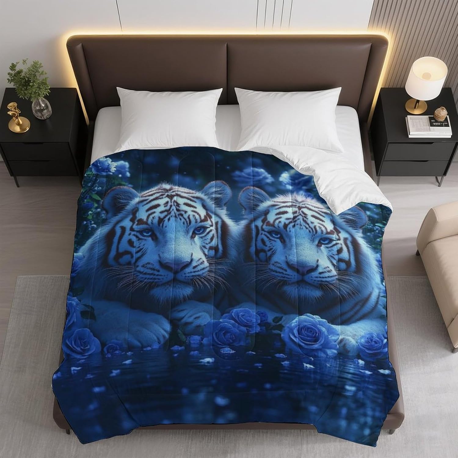 Blue Tigers in Roses Comforter Bedding Heavy Bed Blanket Soft Warm Fluffy All Seasons Only Quilt 155x220cm