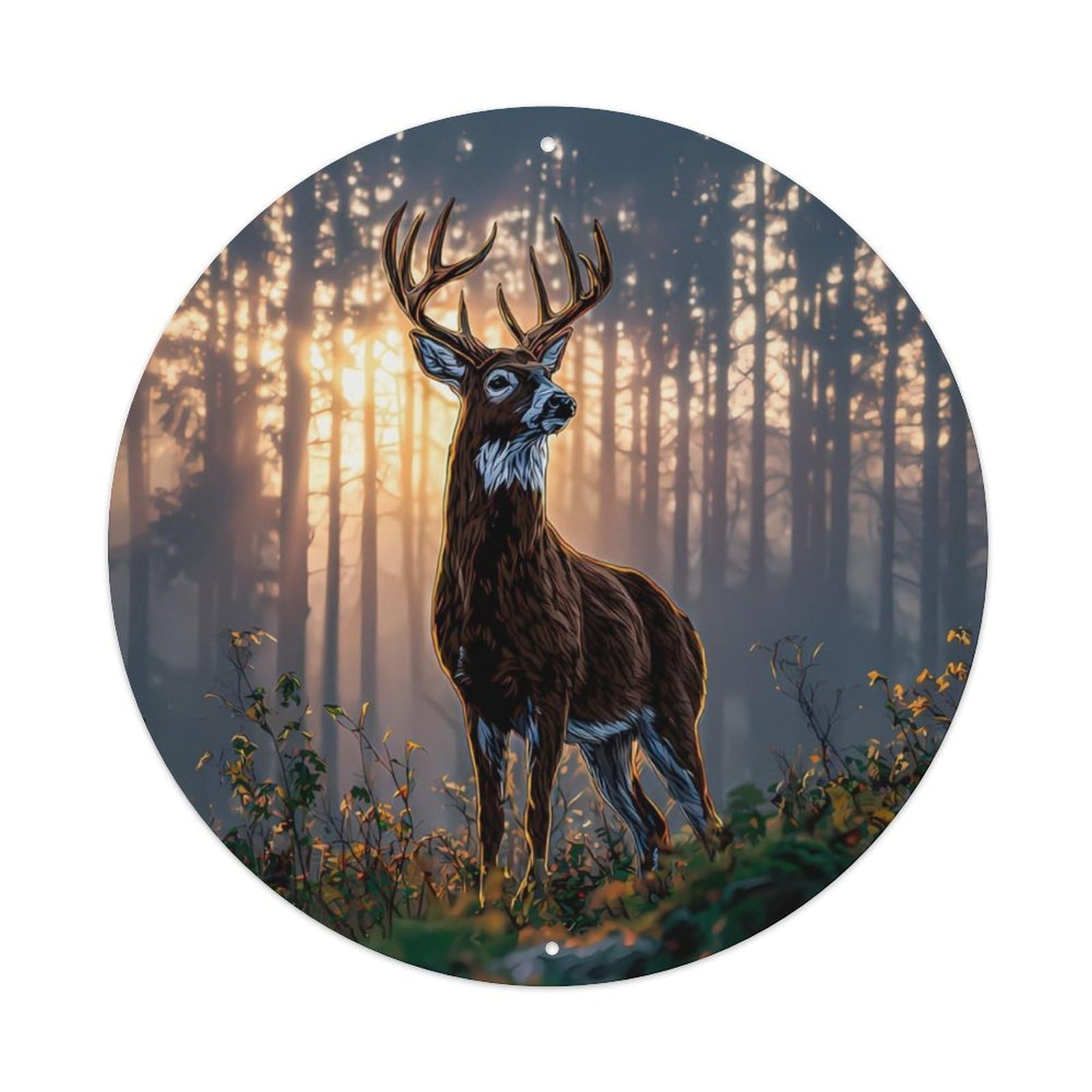 Animal Buck Deer Majestic Misty Forest Sunrise Vintage Metal Tin Sign Plaque Wall Decor for Cafe, Club Bar, Office, Garden Metal Poster 8x8Inch