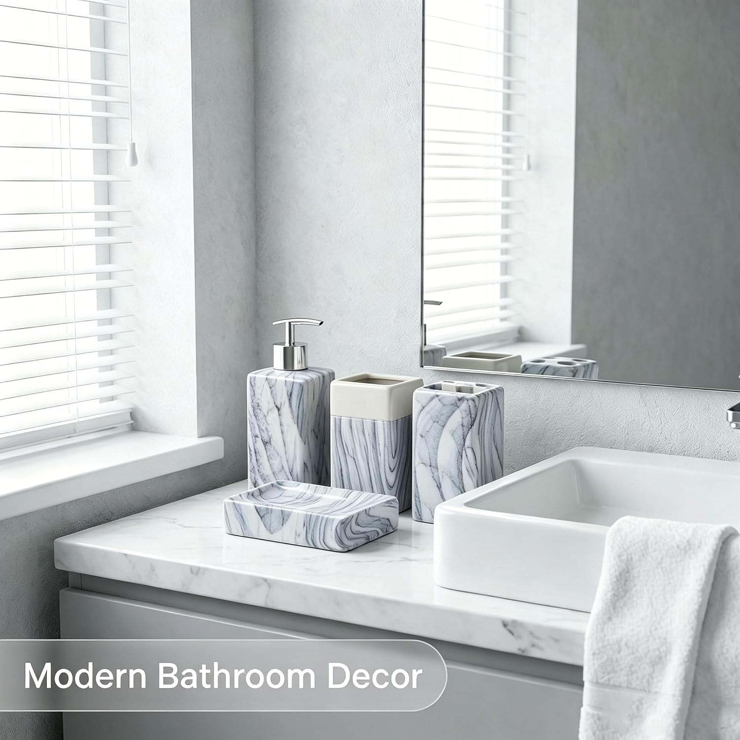 4 Piece Wood Grain Marble Ceramic Bathroom Accessories Set, Beige Brown Bath Decor with Soap Dispenser, Toothbrush Holder, Tumbler & Soap Dish, Silver Pump, Modern Bathroom Organizer (Light Blue)