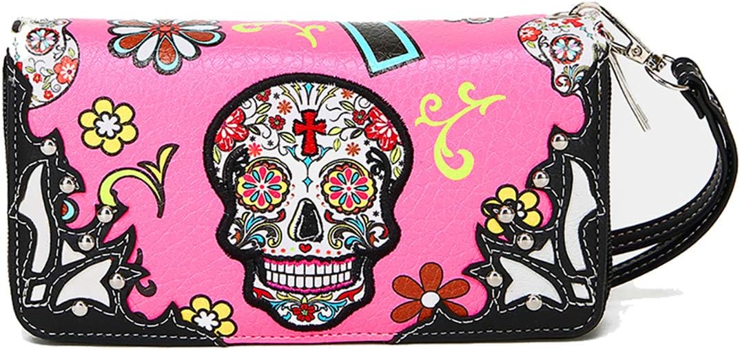Sugar Skull Western Cross Clutch Wallet Day of the Dead Wristlet Purse Calavera