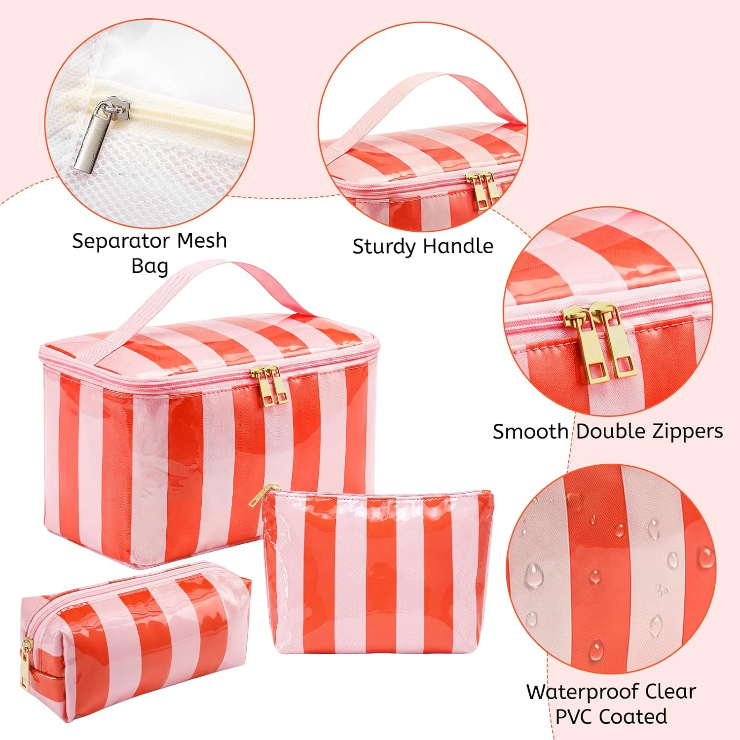 Tallew 3 Pcs Waterproof Striped Makeup Bags, Striped, Pink Orange