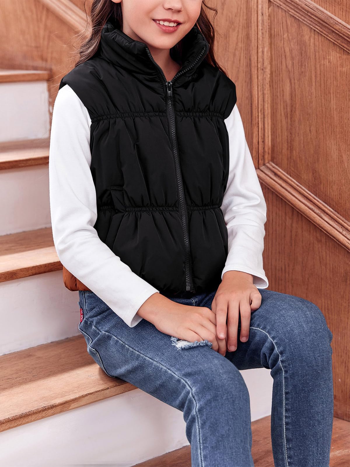 Haloumoning Chaleco de invierno para niñas, cuello alto, sin mangas, cálido, chaleco acolchado para niños, ropa de abrigo linda, chaleco ligero
