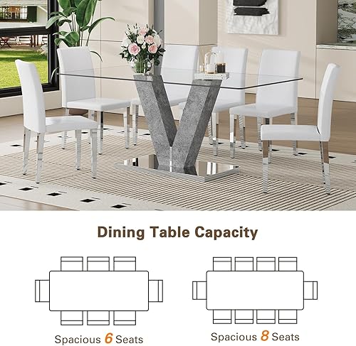 Miniatura 6 de Juego de mesa de comedor de cristal moderno de 71 pulgadas para 6, juego de mesa de comedor de 7 piezas con sillas y mesa de vidrio templado de