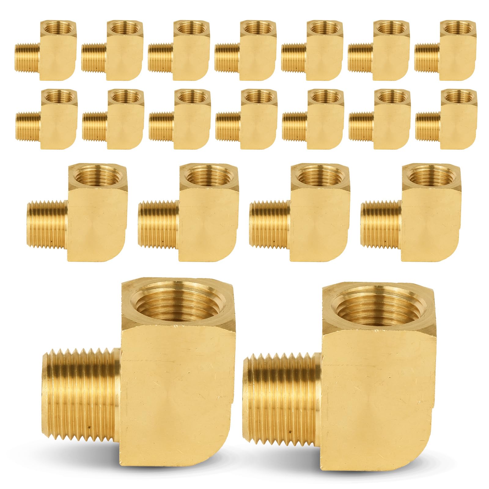 Paquete de 20 Accesorios de tubería de latón GUOFIS: Codo de Calle de 90 Grados de Barra Maciza, Codo Hembra NPT de 3/8" x Codo Macho NPT de 3/8".