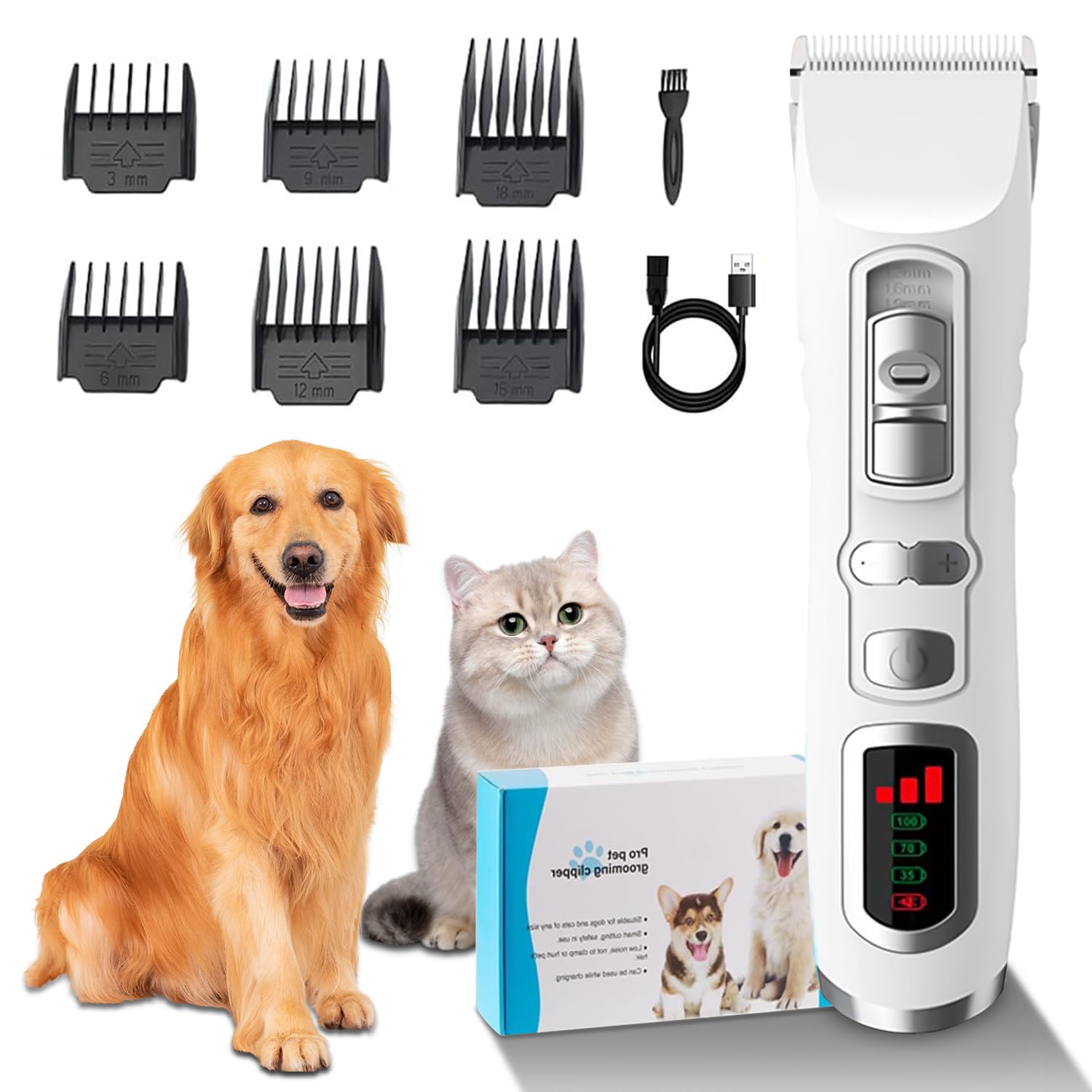 Cunsieun Maquina Cortar Pelo Perros,Cortapelos para Perros,Bajo Nivel de Ruido Cortapelos Profesional para Perros,Cortapelos con 6 Peines Guía,Inalámbrico Recargable,para Perros y Gatos