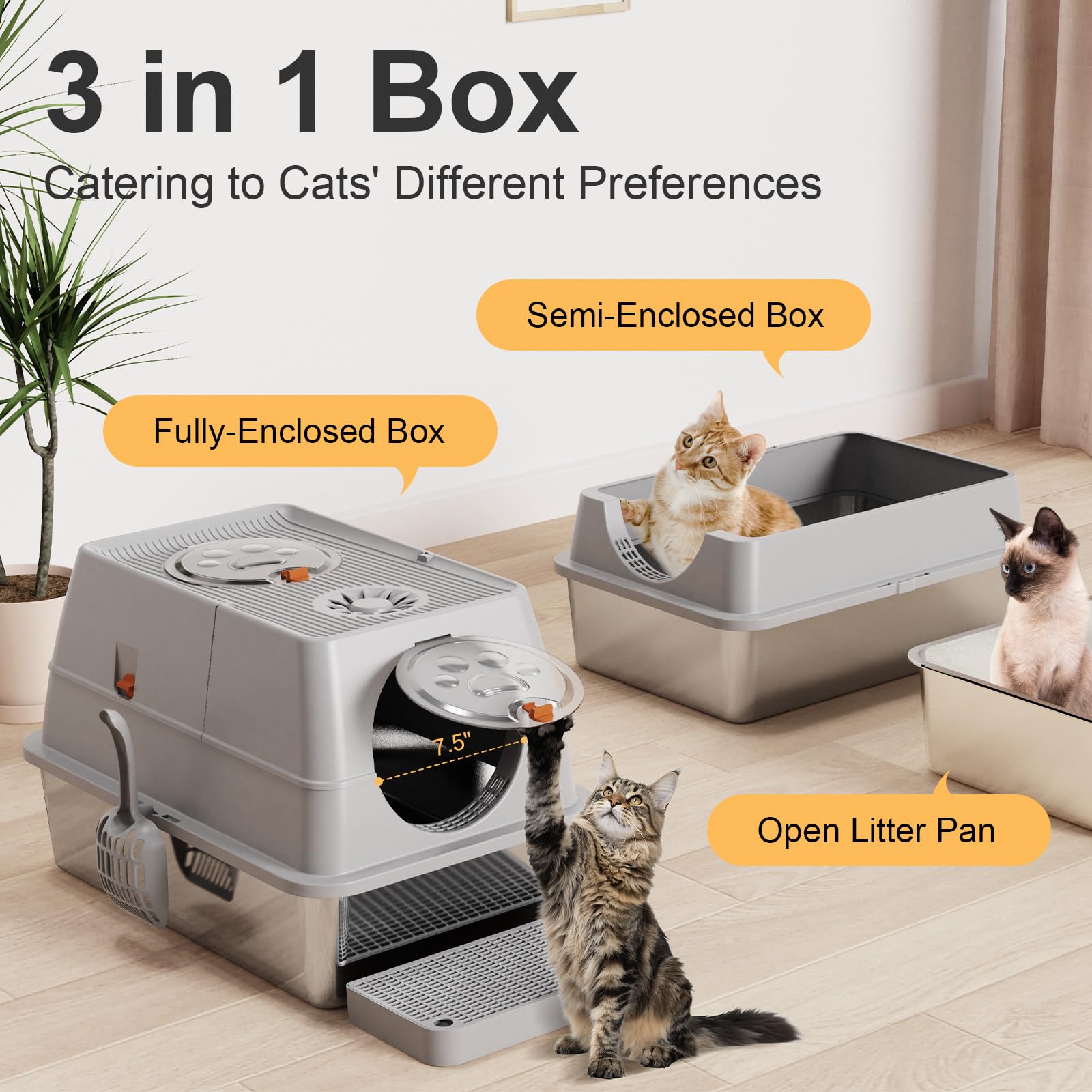 Stainless Steel Litter Box with Lid, XL Extra Large Litter Box, Enclosed Top Entry Metal Litterbox for Big Cats, Easy Cleaning, Anti-Leakage & High Sided with Mat, Aisle & Scoop, Light Grey - image 3