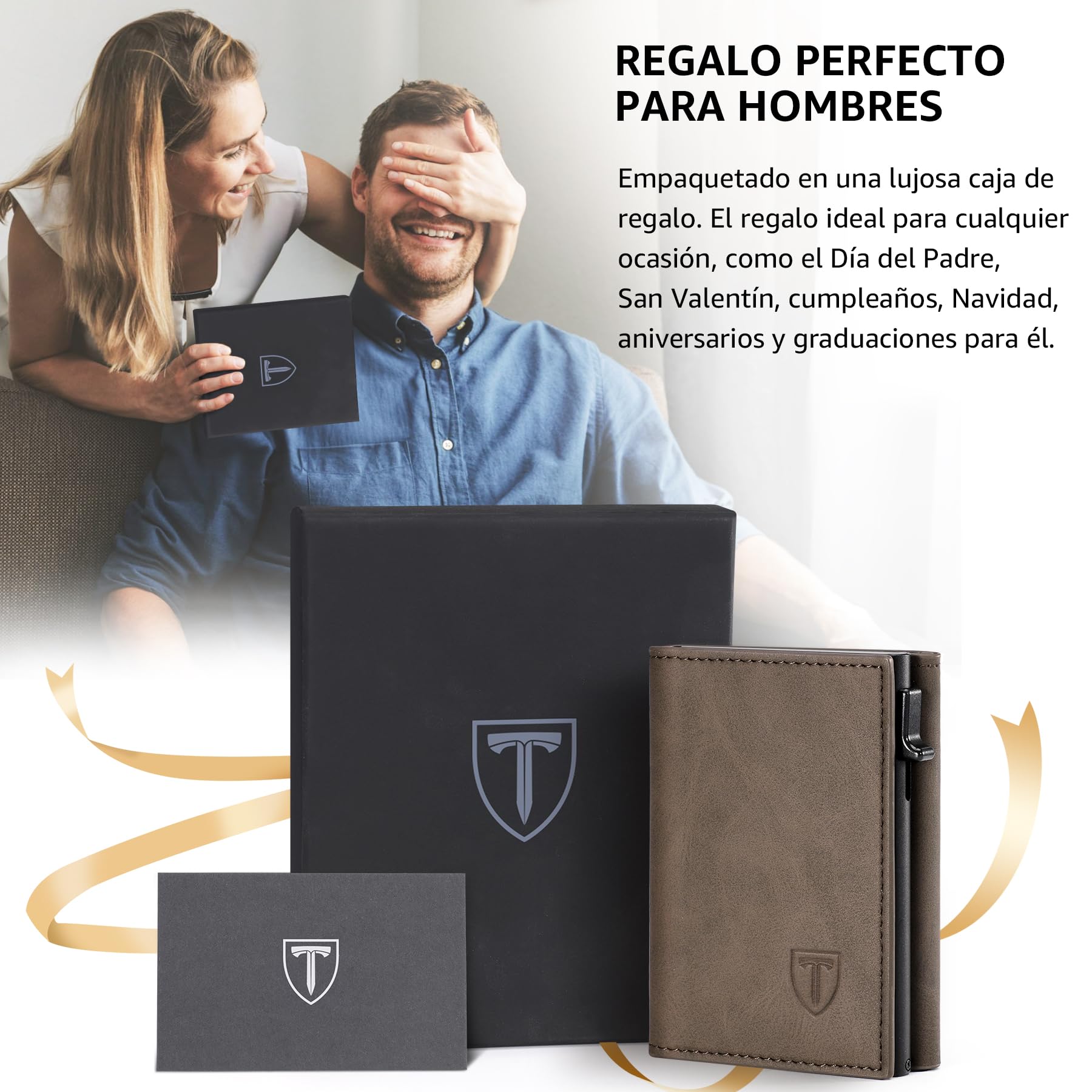 Cartera Hombre Cuero Bloqueo RFID Cierre Magnético Tarjetero 8 Ranuras Marrón