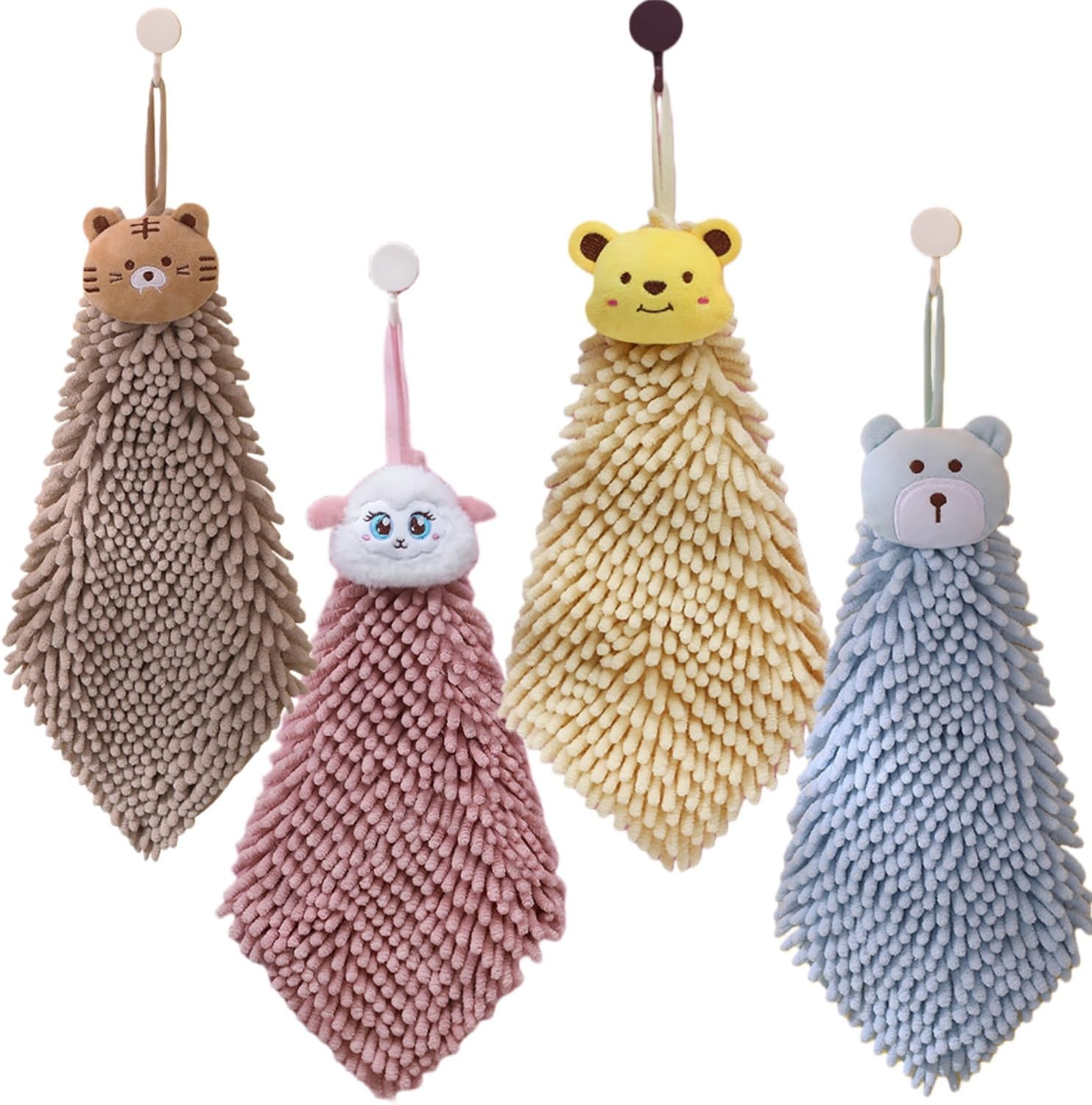 Ivymei 4 Pack Cute Animal Chenille Hand Towels Fuzzy Hanging Hand Towels with Loop for Bathroom Kitchen,Quick Dry Hand Bath Towels(mixcolor)