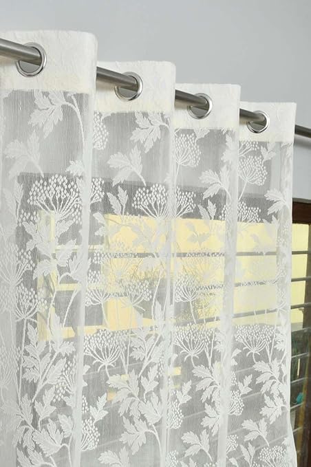 B'Decorlish Polyester Floral Design Heavy Net Tissue Cream Net Curtain Pack of 2 Piece for 4 x 9 Feet Long Door Curtain