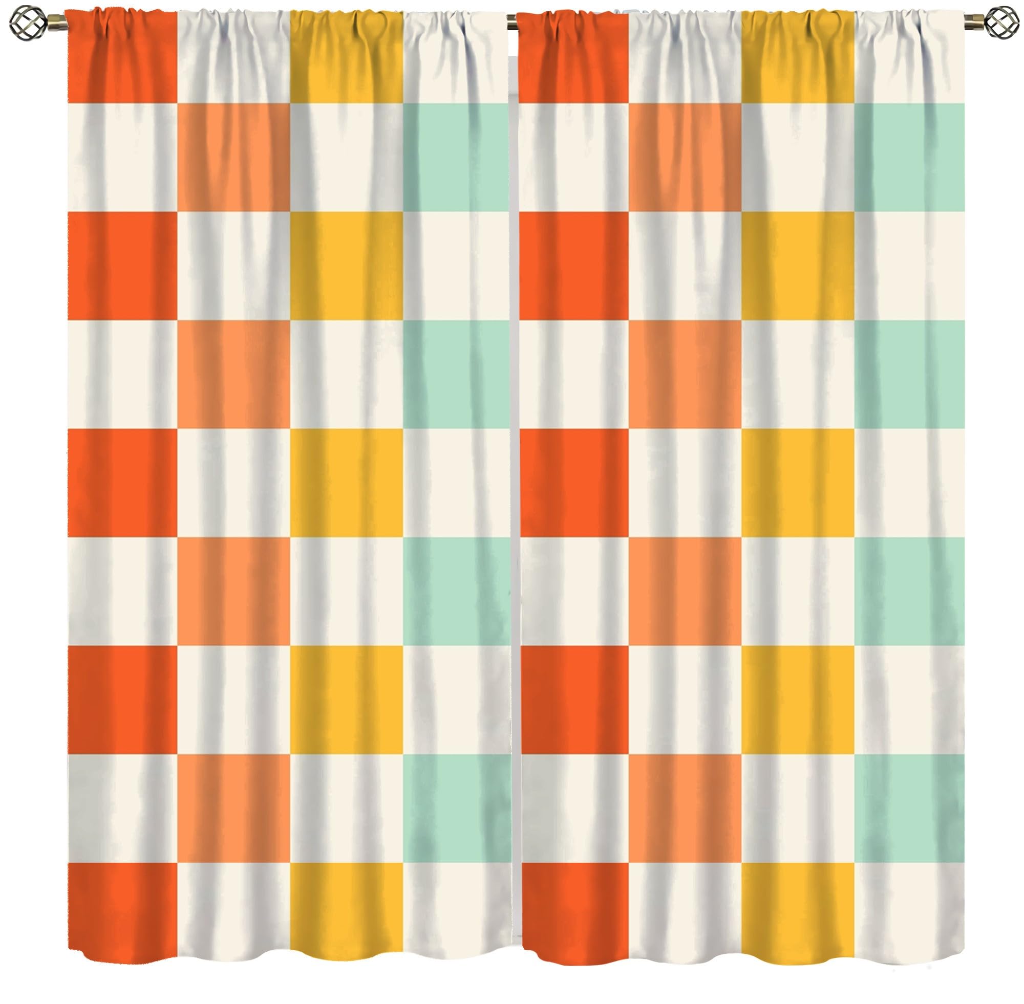 SENRUEGT 70s Retro Curtains,Cute Green Pink Yellow Checkered Hippie Window Treatments for Kids Girl Bedroom Window 42