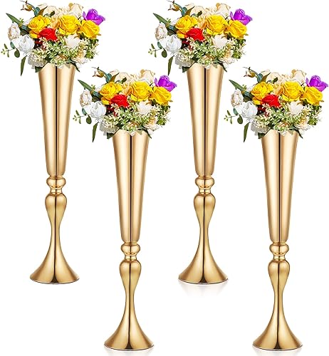 4 piezas de 219 pulgadas de altura florero de trompeta de flores de boda de metal centro de mesa de boda jarrón de flores dorado jarrones altos para