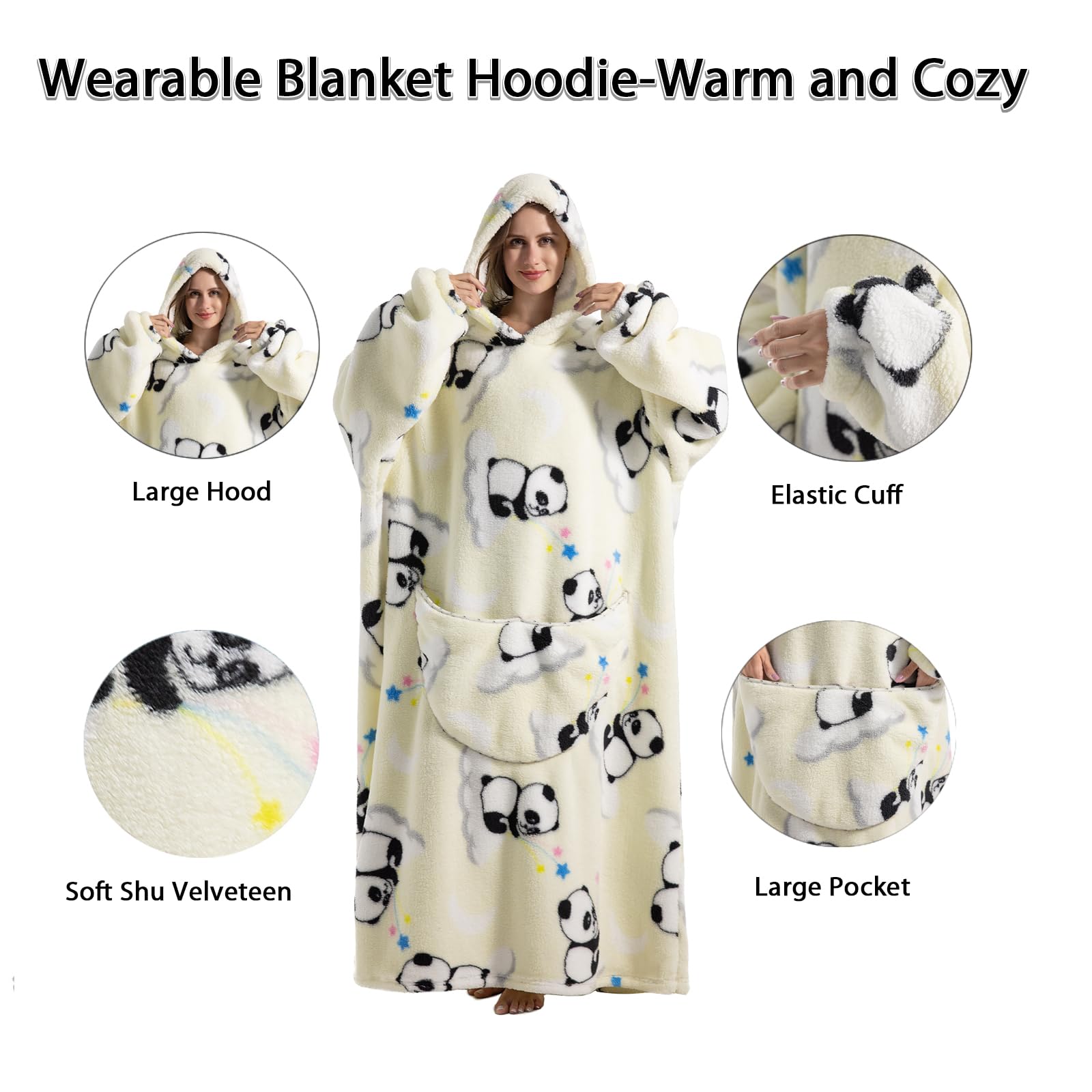 Pterygoid Extra Long Oversized Blanket Hoodie,Hooded Wearable Blanket with Sleeves for Women and Men,Soft Fleece Wearable Throw Giant Sweatshirt Adult with Pocket,Panda in White,Panda on Cloud - Image 3