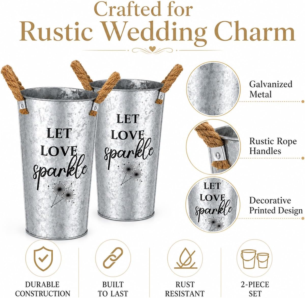 2 Pack Wedding Send Off Buckets, Galvanized Metal Display Pails for Ceremony Exit, Reception Table Decor, Anniversary, Engagement, Bridal Shower, Party Favor Holder, 9.8 x 5.1 Inch
