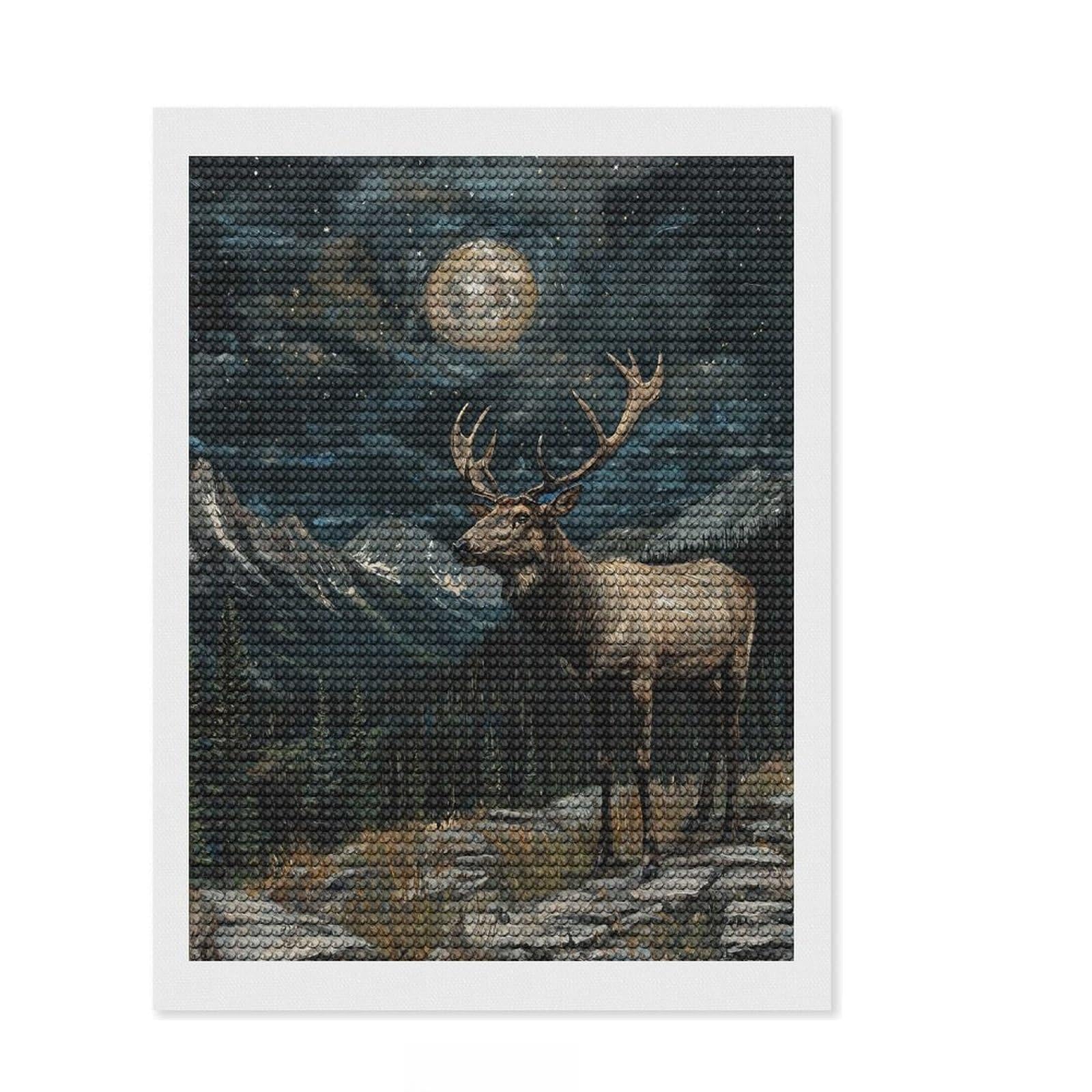 Junmoney Elk Under Moonlight Full Drill Diamond Painting Kit 12"x16", for Craft Lovers, Easy Handmade Project, Office Decor, Christmas Gift