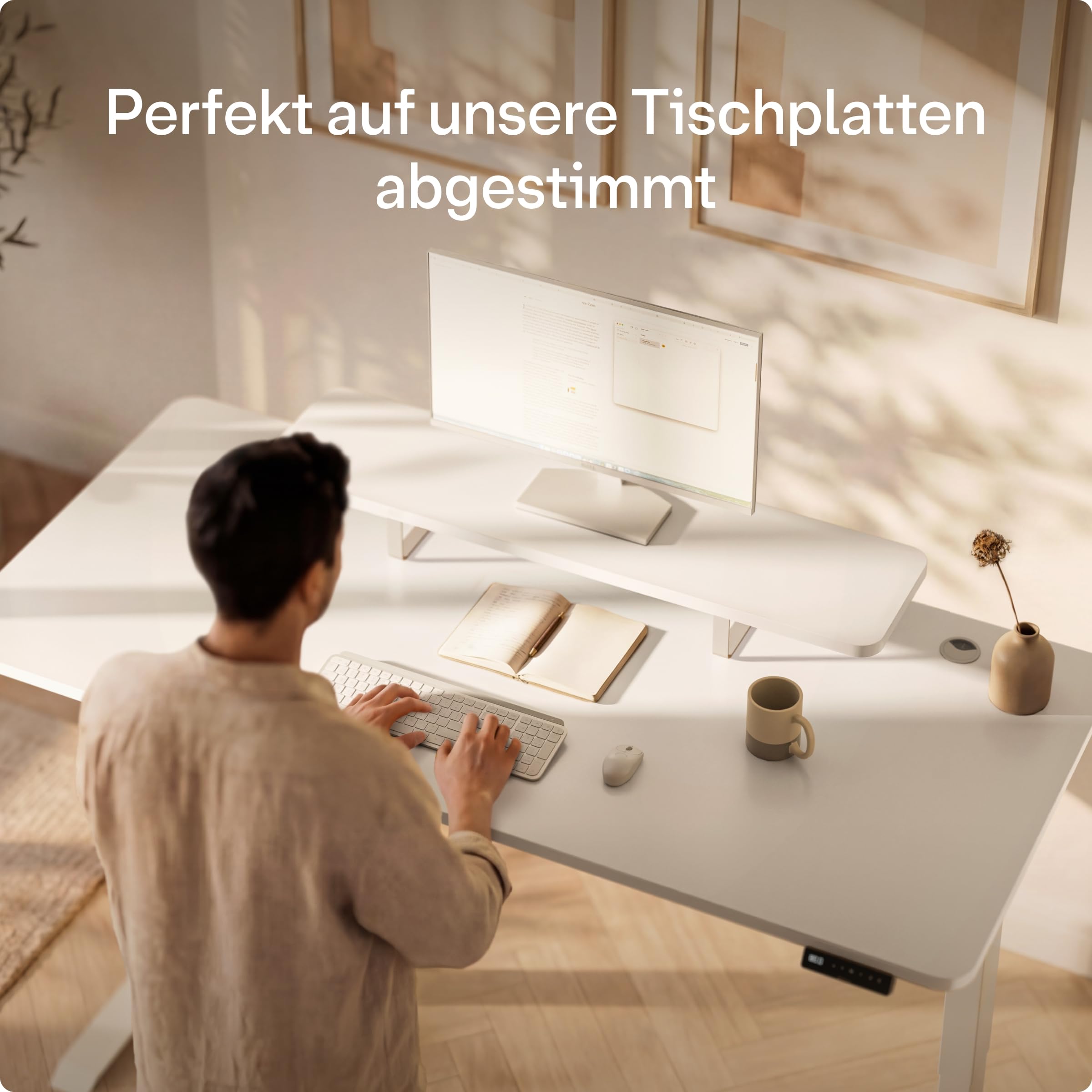 Desktronic Monitorstaender – Ergonomische Monitorerhoehung, 114 x 28 x 12,8 cm, 30 kg, 1-2 Monitore, Tischplatte Weiss, Beine Weiss, Stabile Stahlbeine, Gefertigt in Europa