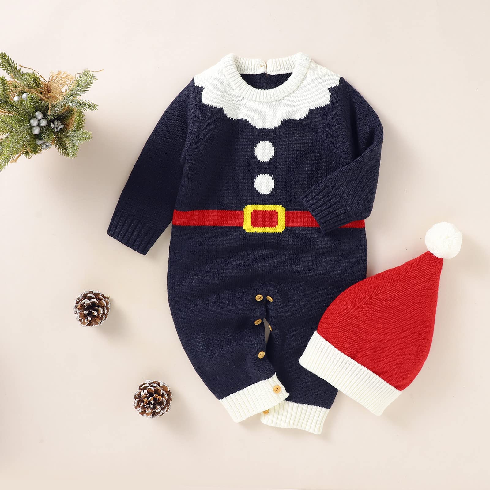 RNTOP Newborn Christmas Sweater Romper Baby Boys Girls My First Christmas Outfit Infant Warm Jumper (Blue, 6-12 Months)