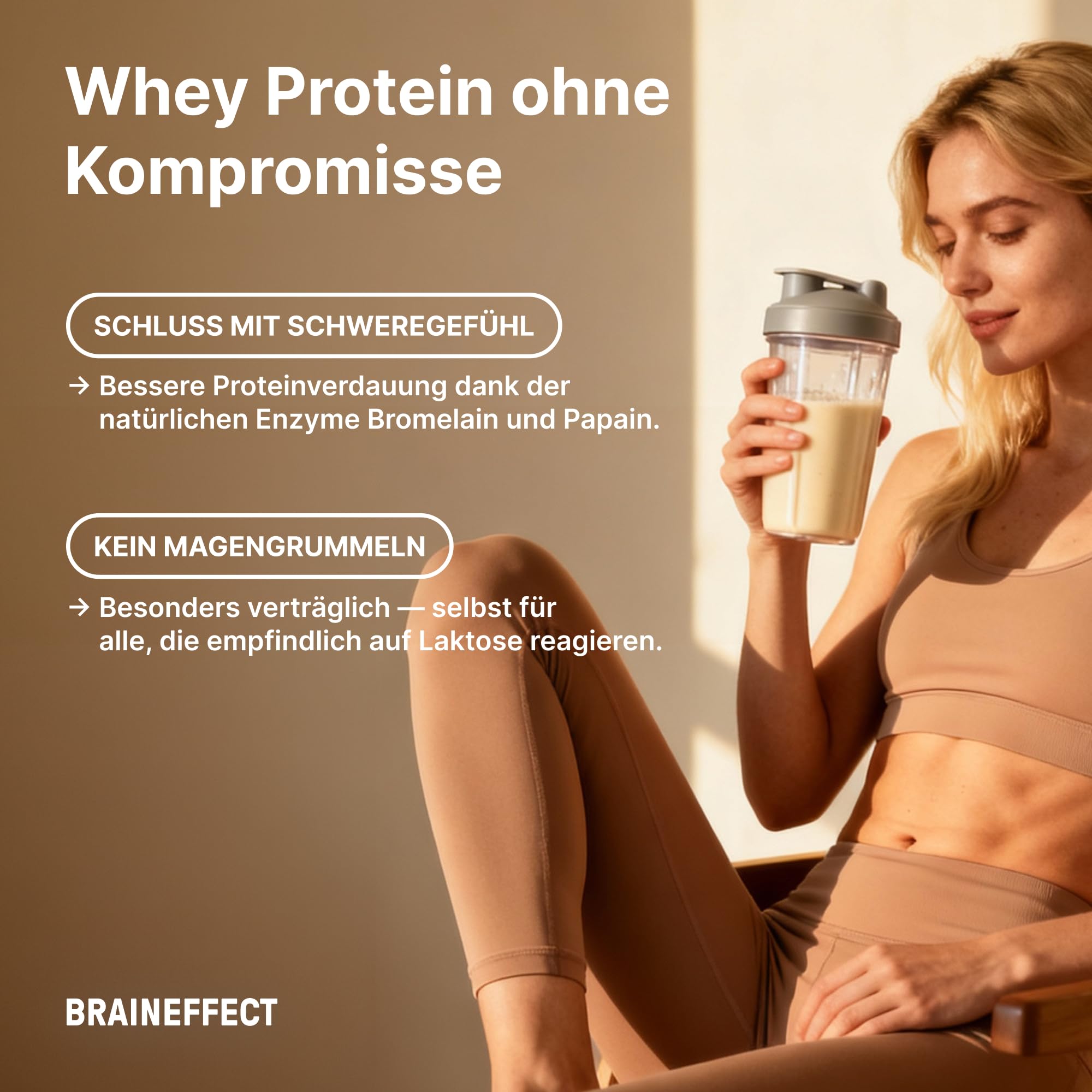 BRAINEFFECT Whey Digest Protein Pulver – 22 g Molkenprotein mit Verdauungsenzymen & Laktase – Leicht verdaulich, laktosefreundlich, für Muskelaufbau & Regeneration – Vanille eiweißpulver – 600 g