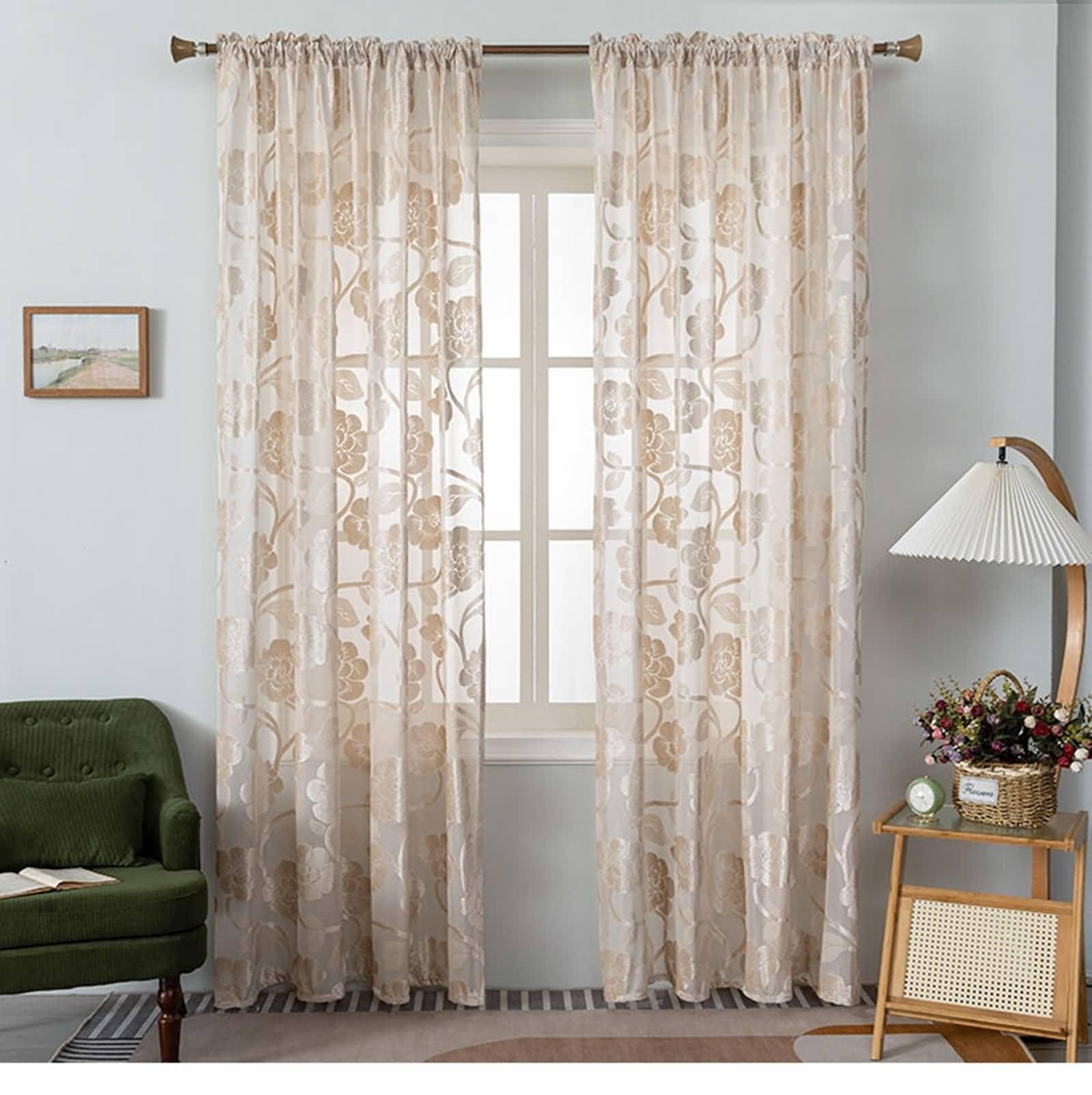 Tenda Trasparente Beige 96x214 Cm Con Motivo Floreale Jacquard - Set Di 2 Pannelli Per Soggiorno