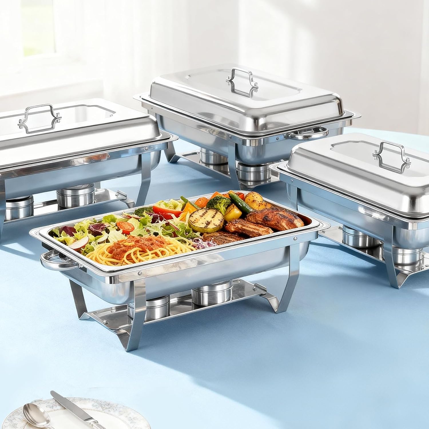 Chafing Dishes for Buffet, 9Qt 4 Pack Chafing Dish Buffet Set, Stainless Steel Buffet Food Warmers Sets for Catering Events Parties Dinners with Complete Set, Silver Silver 4-Pack