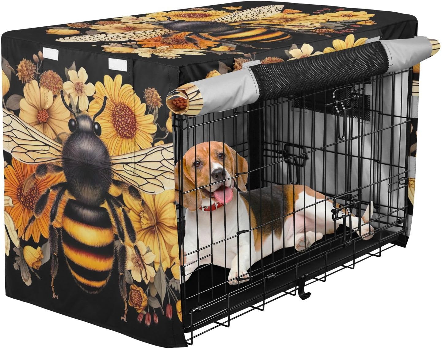 Bee Flowers Floral Dog Crate Cover Windproof, S-XL UV-Resistant Crate Cover for Pet Owners, Large