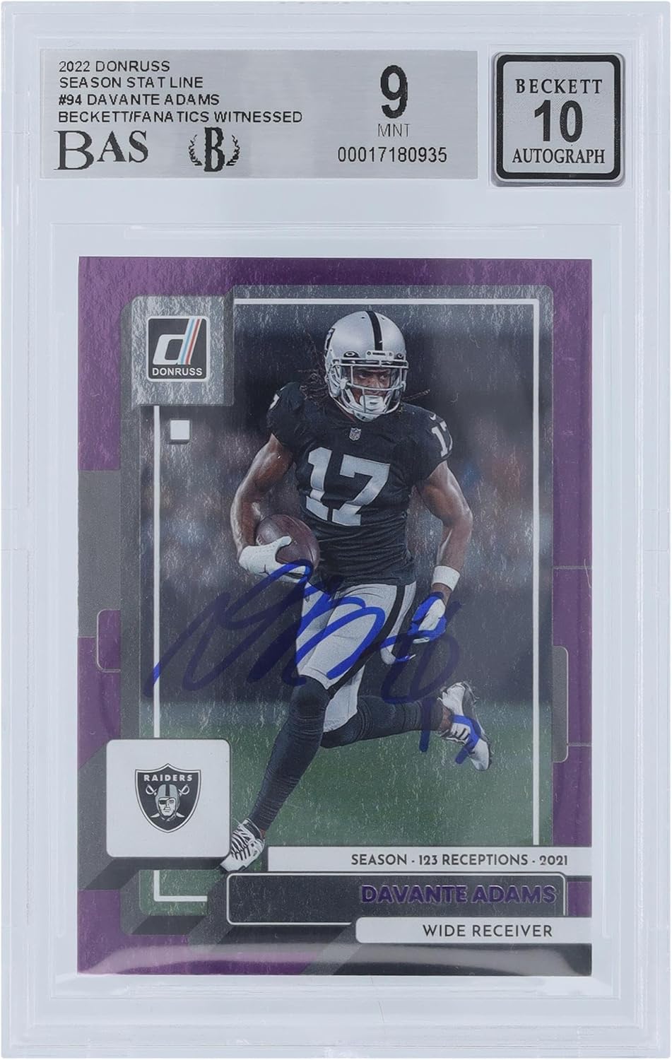 Davante Adams Las Vegas Raiders Autographed 2022 Panini Donruss Season Stat Line #94#/123 Beckett Fanatics Witnessed Authenticated 9/10 Card - NFL Autographed Football Cards