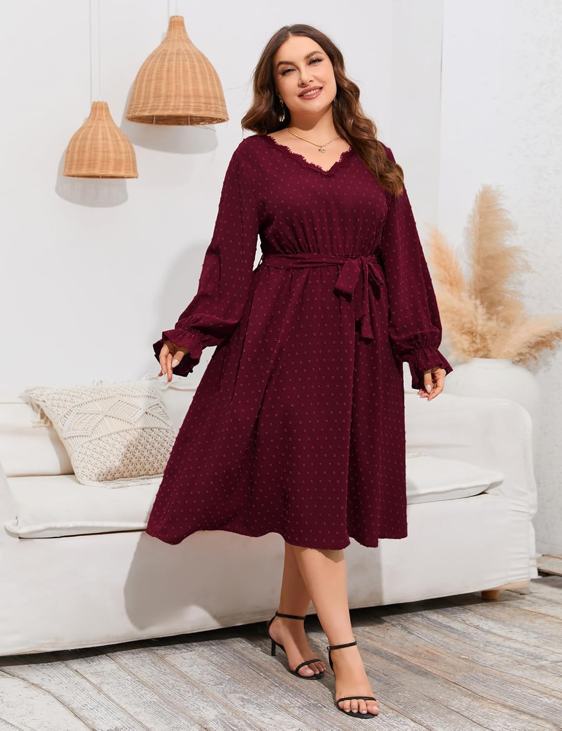ShopWonder Plus Size Womens V Neck Long Sleeve Swiss Dot Boho Dress Empire Waist Ruffle Flowy A Line Midi Dress - Image 5