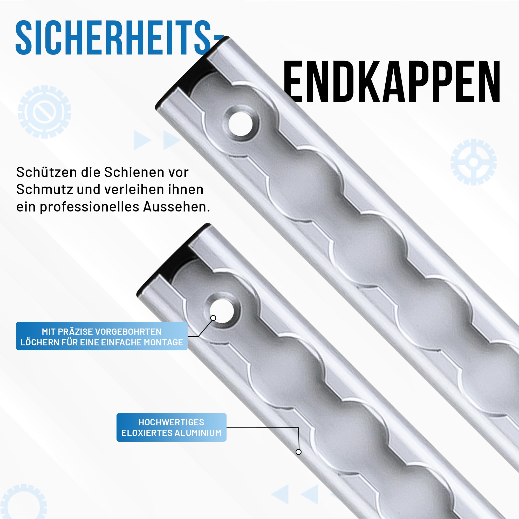 Airlineschiene 8 x 1m Set + 20 Single Fitting & Befestigungsschrauben | Eloxiertes Aluminium | Zurrschiene mit Endkappen & Fittingen | Für Anhänger, Wohnmobil, PKW, LKW