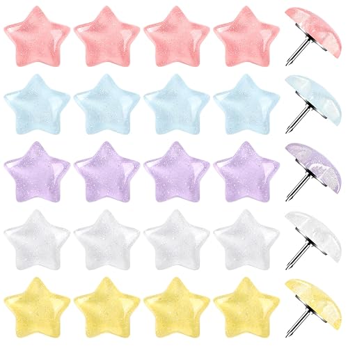 JANYUN 60Pcs Decorative Star Push Pins for Bulletin Cork Board Wall Decor | Plastic Steel Material, Firmly Pin Photos or Maps, 60 Count Colorful Star Shape, School Office Bulletin Board Organization - Five-Pointed