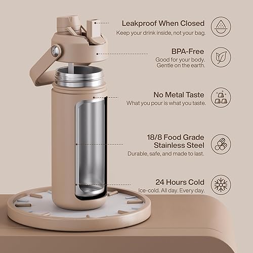 Miniatura 204 de ENCOOL Botella de agua aislada con popote, de acero inoxidable, a prueba de fugas, sin BPA, al vacío de doble pared que se mantiene fría durante 24