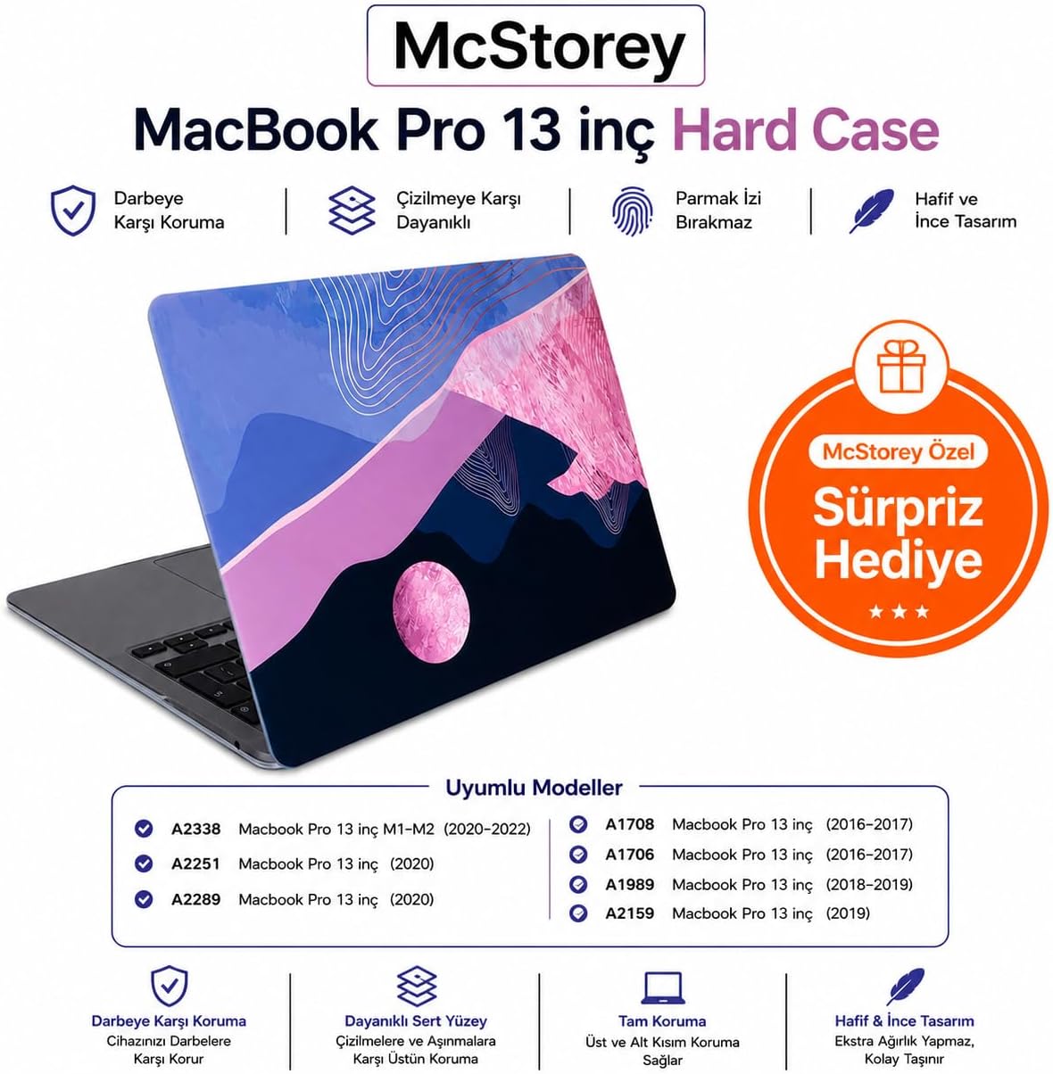 McStorey MacBook Pro 13 Dalga Desenli Kılıf A1706 A1708 A1989 A2159 A2251 A2289 A2338 M1 M2 Uyumlu Baskılı Kristal Sert Kılıf Koruyucu Kapak Pembe