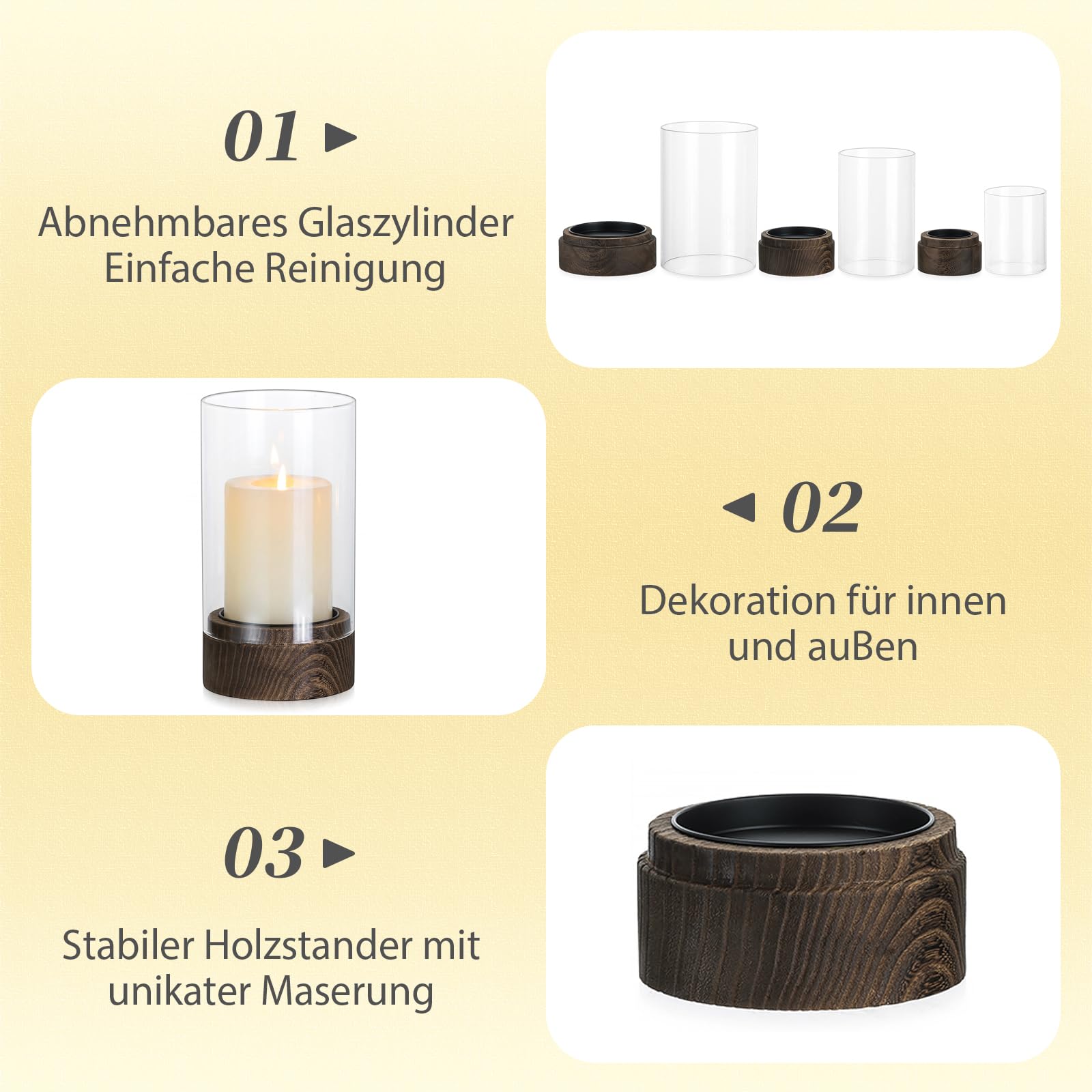 Hewory 3 Windlicht Glas Groß mit Holzsockel für Deko Wohnzimmer Boho Set | Div. Größen, Stabil, Pflegeleicht, Kerzenhalter mit Abnehmbarem Glaszylinder für Tischdeko Garten Terrassen Outdoor Party