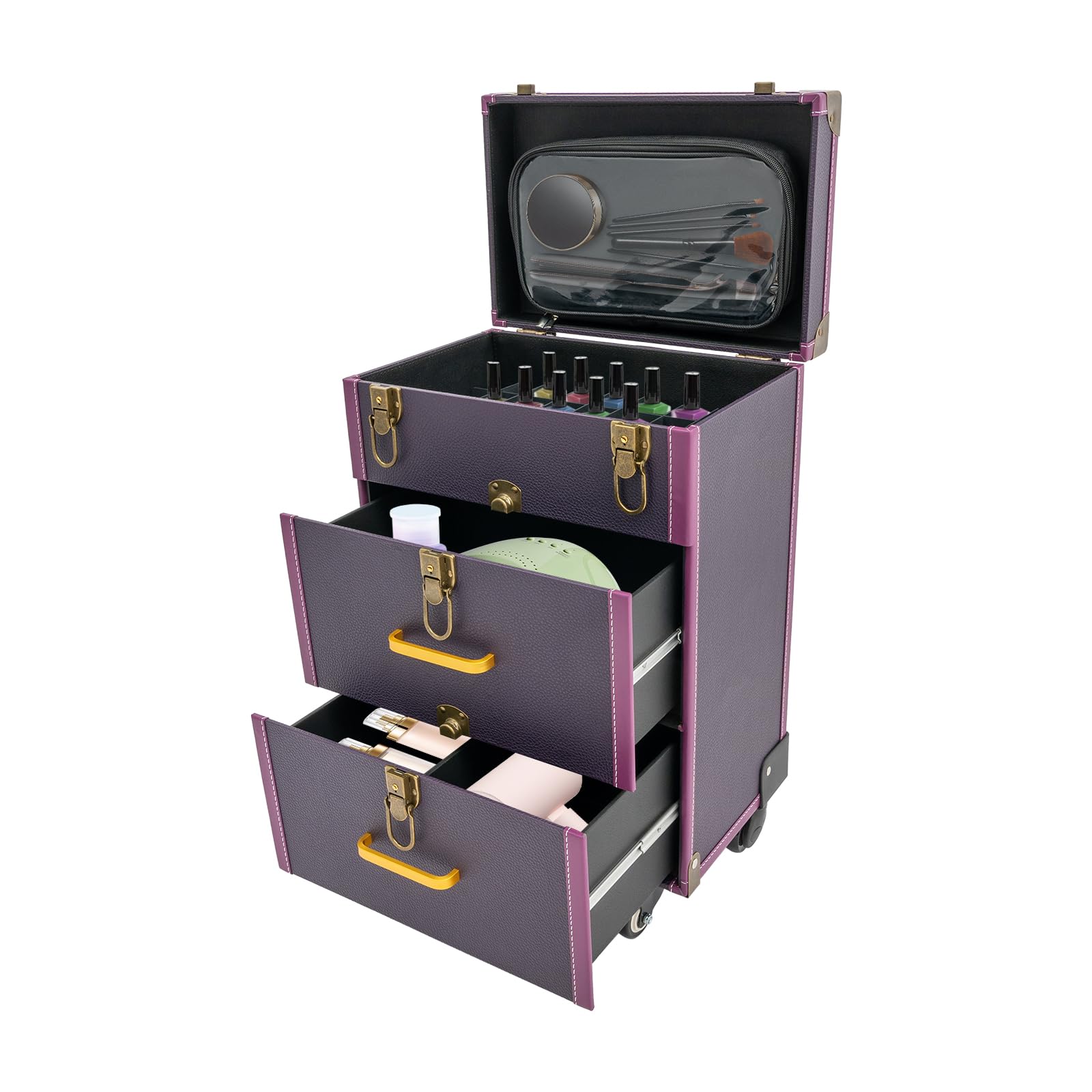 DCEHKR 3 Tiers Rolling Makeup Case Cosmetology Case On Wheels Large Makeup Trolley Case Makeup Rolling Case Lockable Cosmetic Case Organizer Right Angle Copper Latch (Purple)