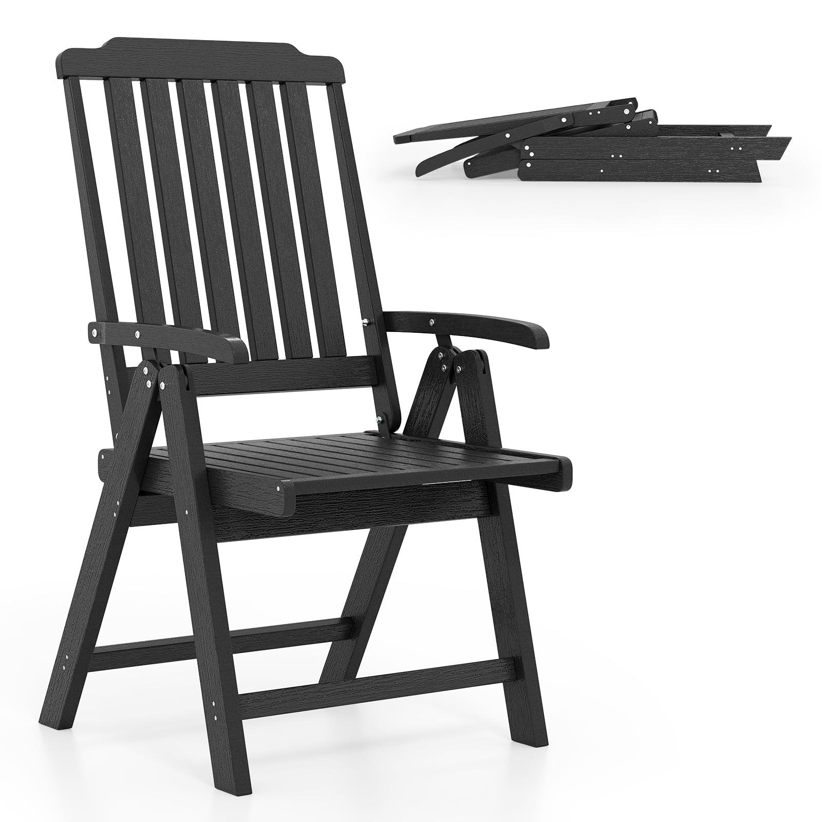 COSTWAY Folding Garden Chair, Portable Outdoor Dining Chair with Armrests, All-Weather HDPE Patio Bistro Seat for Balcony, Lawn and Poolside (Black)