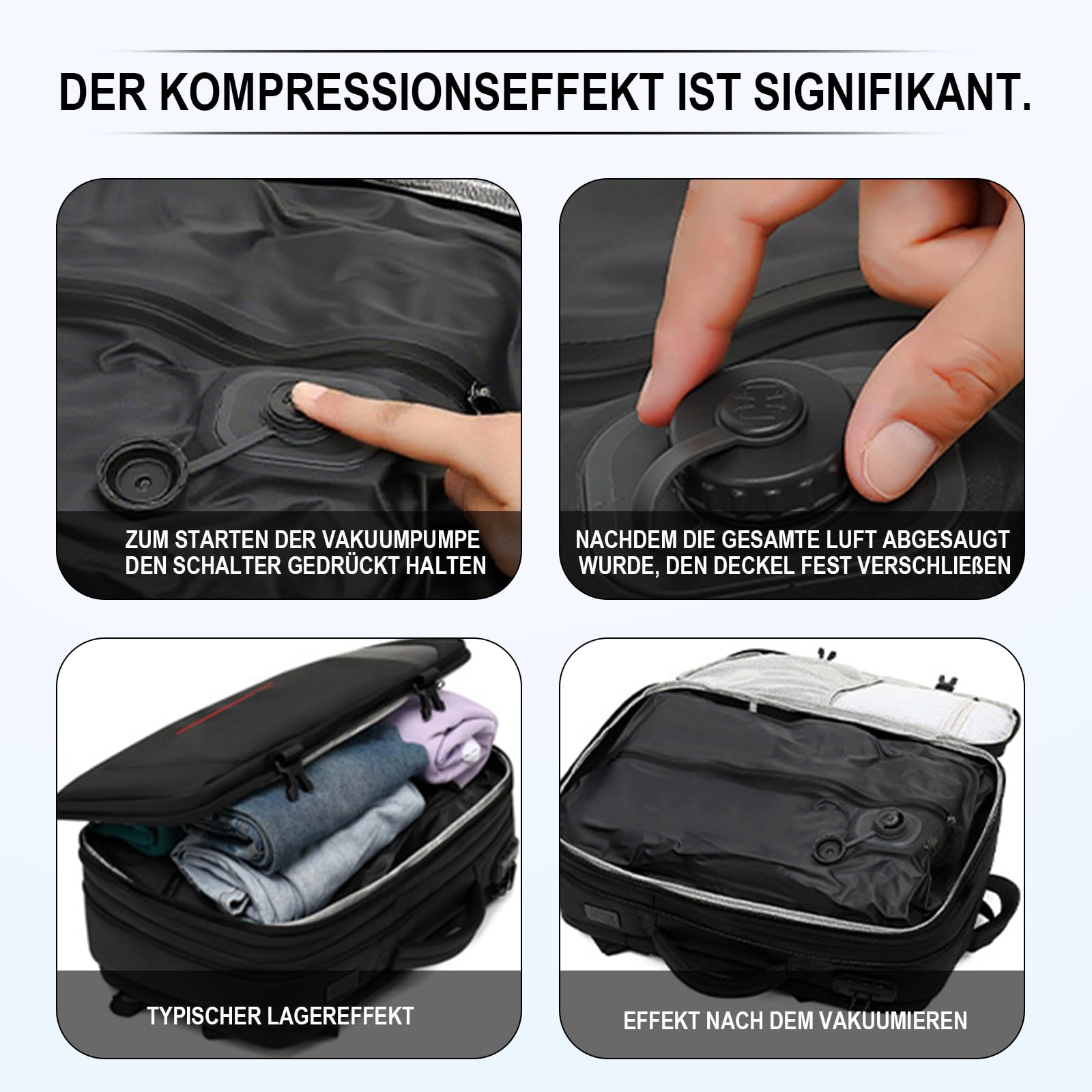 Vakuum Rucksack Airbag Rucksack Handgepäck, Vakuumieren Einem | Knopfdruck Erweiterbarer 60L mit Automatische Vakuum, Trockentrennung, Zahlenschloss für Reisen, Geschäftsreisen und Camping