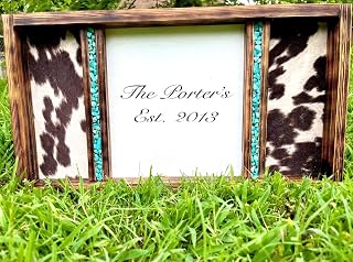 Genuine Cowhide with turquoise rocks name sign - Personalized name Sign - Farmhouse Sign - Wedding Gift - wedding guest book - wedding sign western farmhouse western wedding