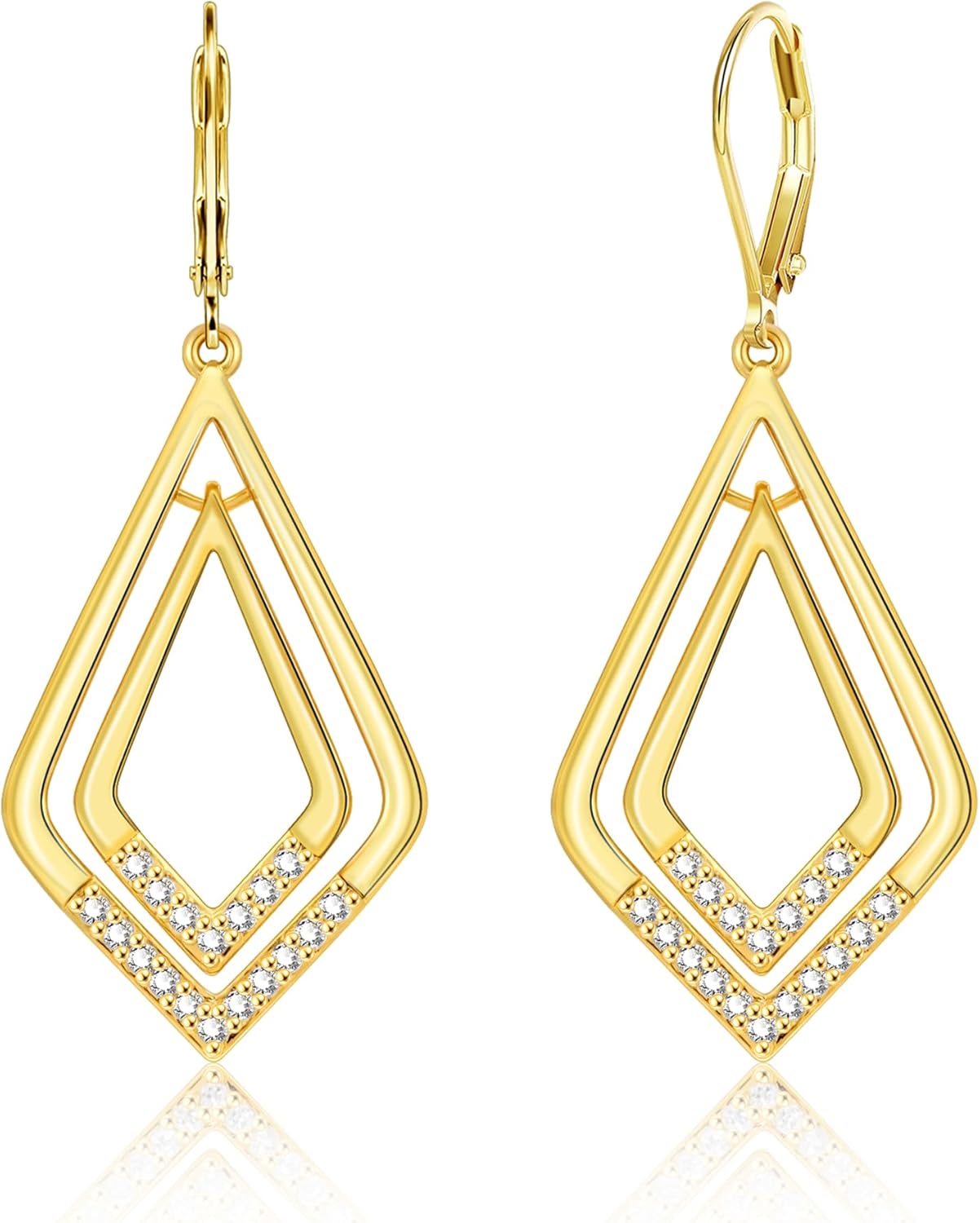 925 Sterling Silver Dangle Earrings for Women 14K Gold Plated Geometric Cubic Zirconia Dangle leverback Earrings Hypoallergenic Lightweight Dangling V Earring for Women Trendy Jewelry Gifts