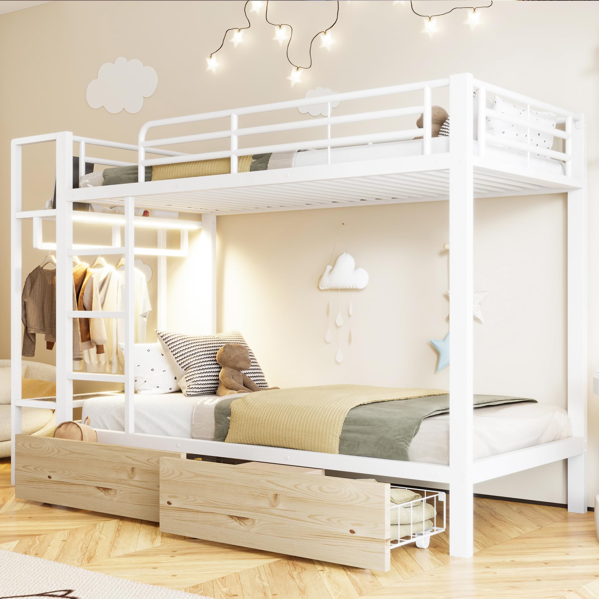 Letto a castello, 90 x 200 cm, telaio in ferro, 2 cassetti, più ripiani, con striscia luminosa a LED, con asta appendiabiti, materasso non incluso, bianco