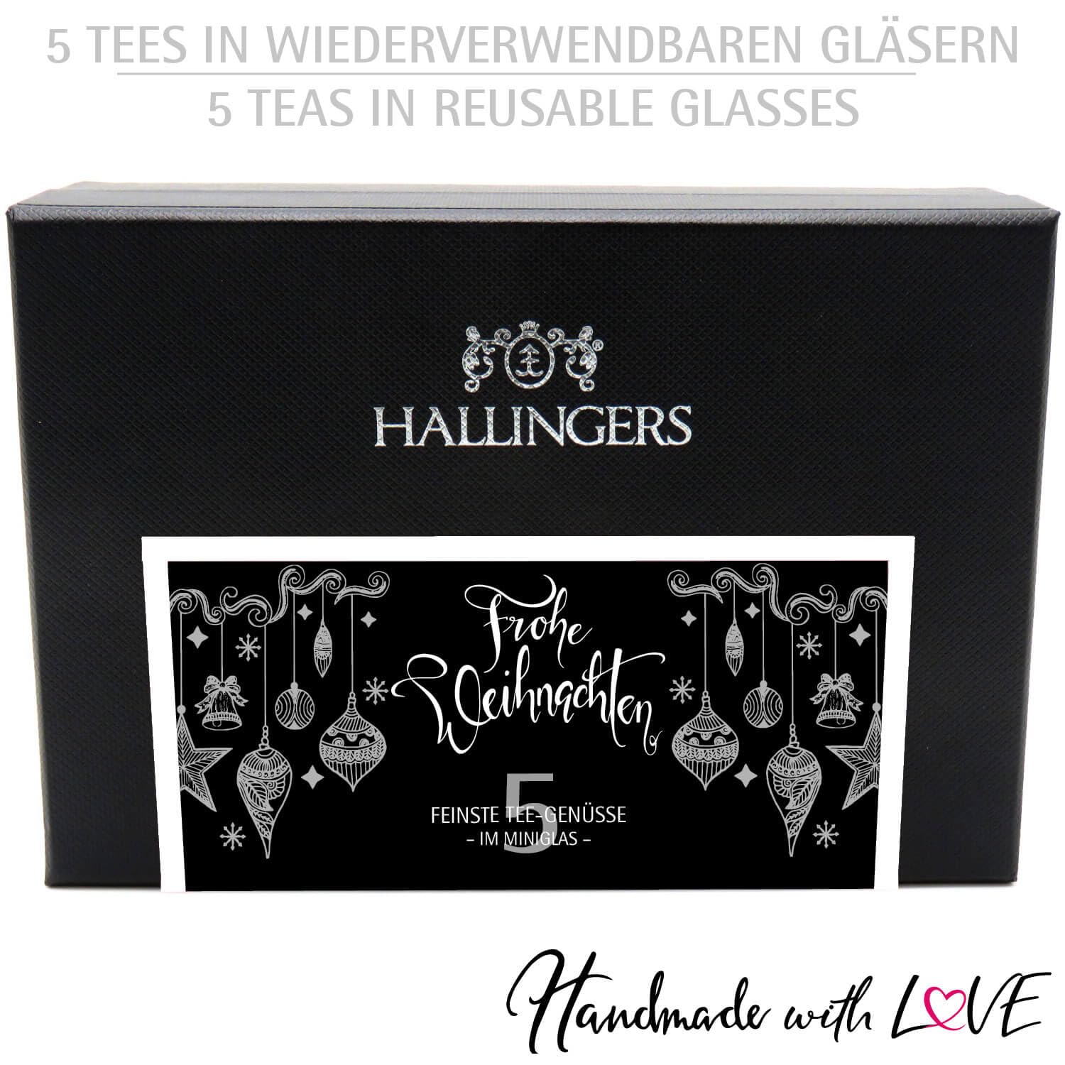 Hallingers Genuss Manufaktur Tee Weihnachts-Geschenk-Set - 5 Sorten premium loser Tee Probierset in edler Geschenkbox mit Rezept-Booklet "Frohe Weihnacht...", Weihnachten für Frauen Männer