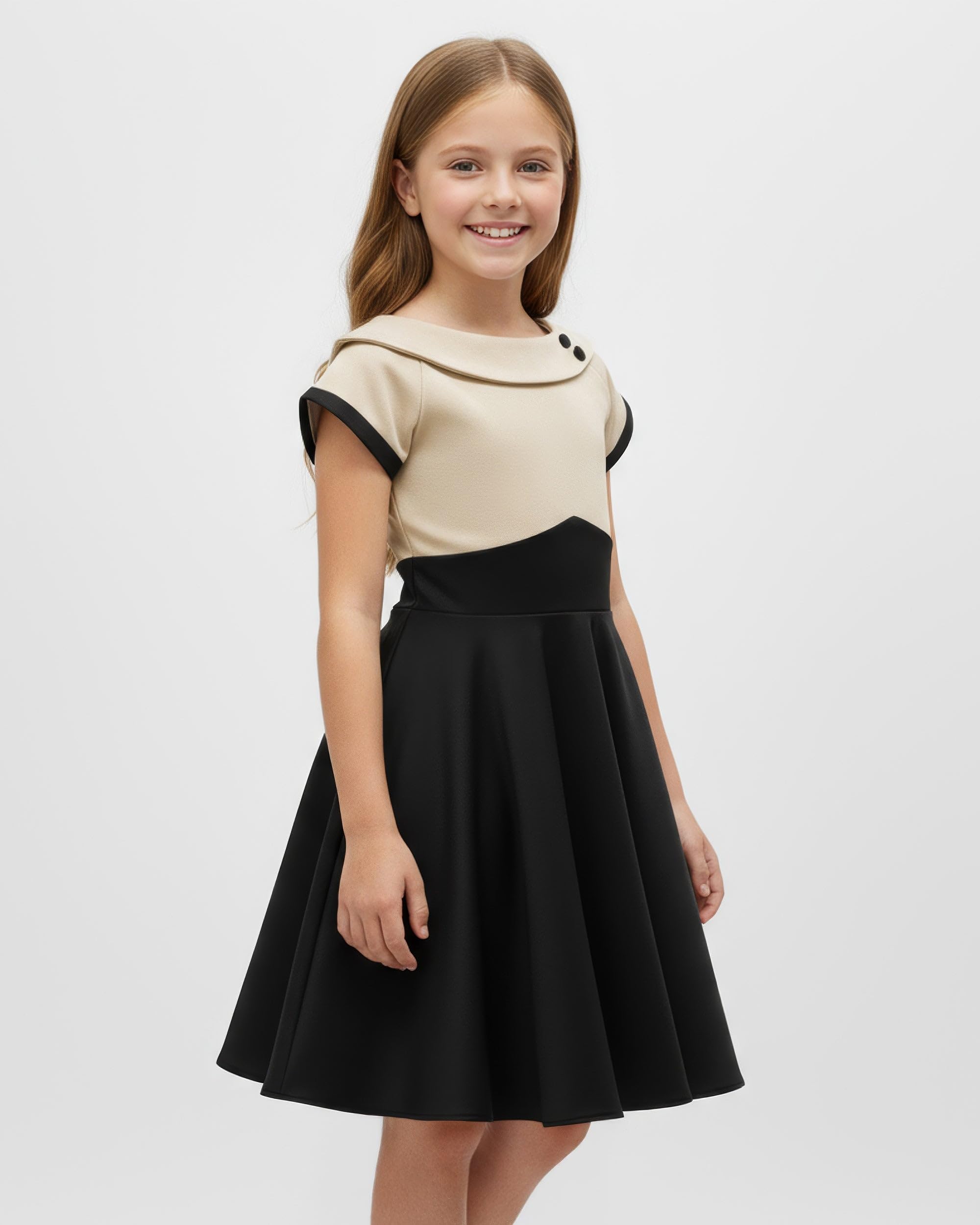 BlackButterfly Mädchen Kleid Valerie Zweifarbig | Tellerrock, Kurze Ärmel, Umlegekragen, Pfeil-Taillennaht, Gefüttert, Reißverschluss Hinten, 3-14 Jahre
