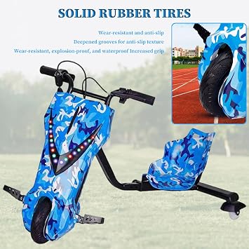 Electric Drift Trike for Kids, 360 Rotatable Drift Trike, with 5 Adjustable Lengths Light Up Rear Wheels, Slip Pedals Stable Trike, for Outdoor Garden Playground 8in-B