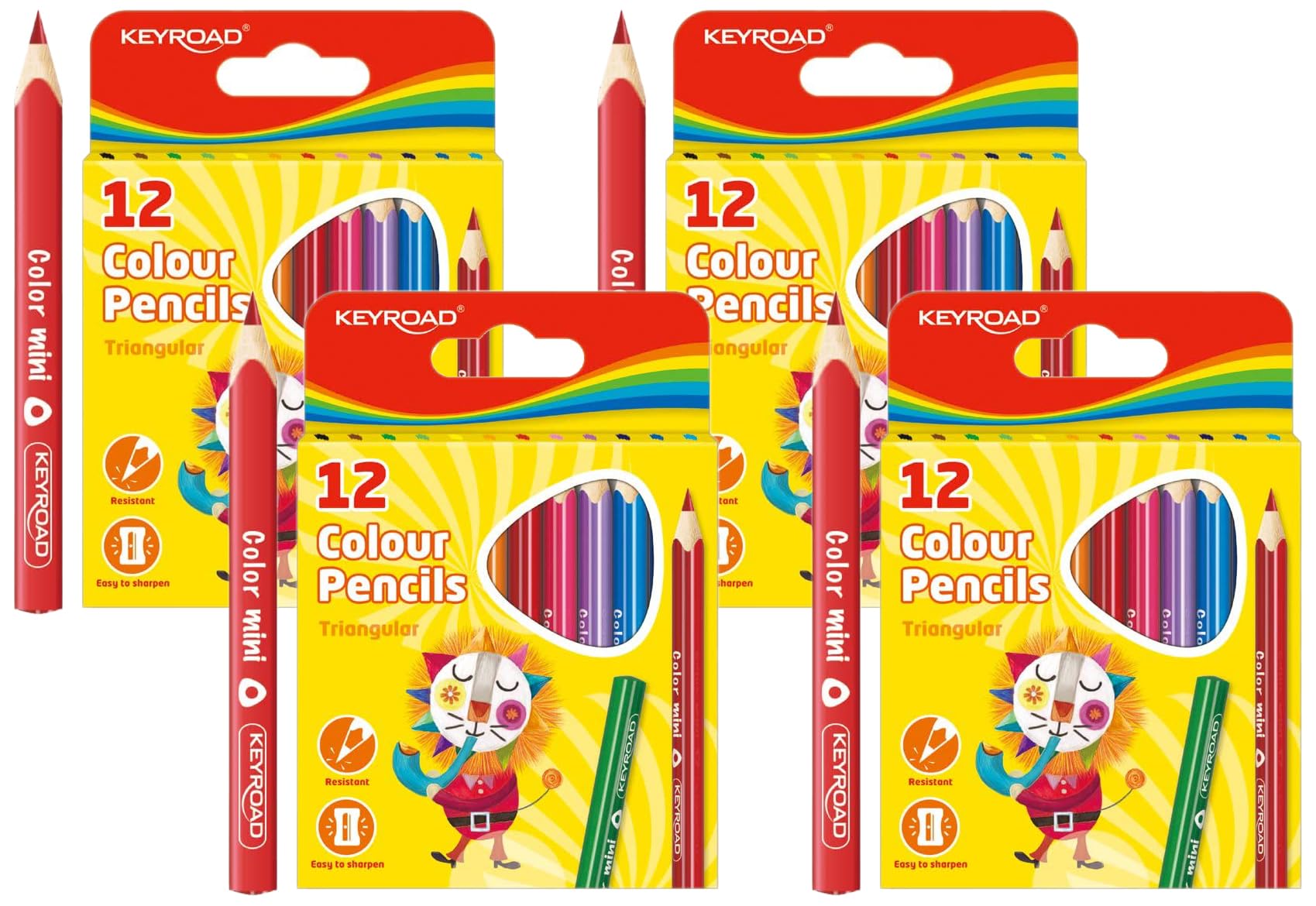 Keyroad Mini Buntstifte Dreikantform - 12 Stück - Länge: 85mm/ Mischfarben/Erwachsene und Kinder/Ideal für MalbücherLoch zum Aufhängen/Komfortabel Handflächengriff für Kleinkinder (Packung mit 4)