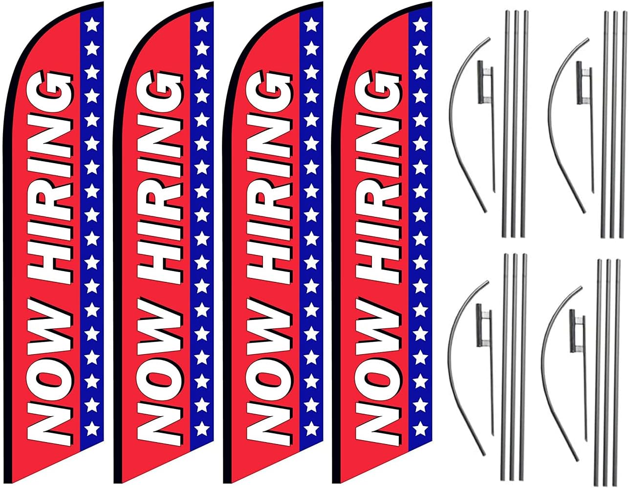 Now Hiring Four Pack of Advertising Feather Banner Swooper Flag Signs with Flag Pole Kits and Ground Stakes for Businesses, Patriotic Theme, 4pack