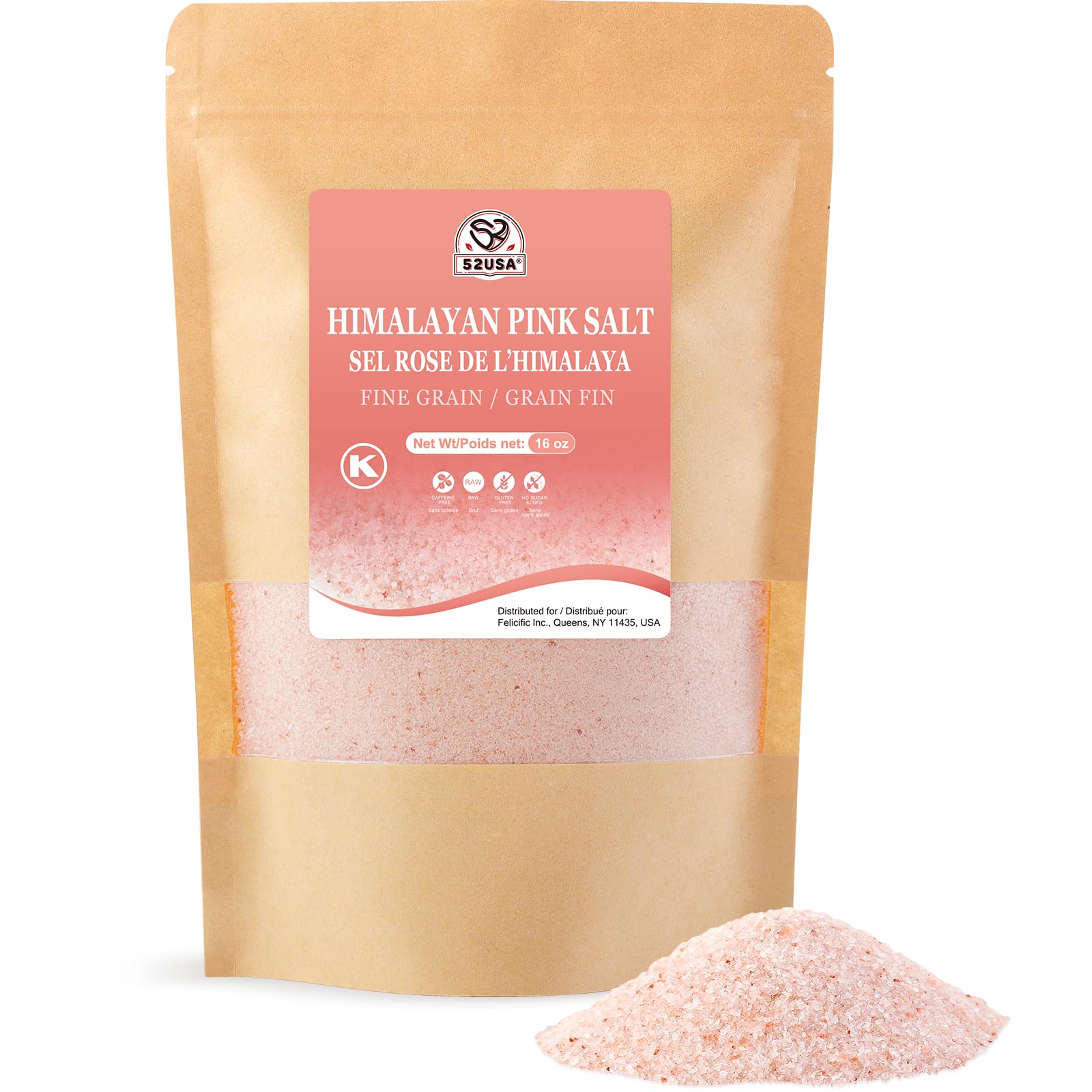 52USA Himalayan Pink Salt, Fine Grain 1 lb, Pink Himalayan Sea Salt, Salt for Grinder Refill, Kosher