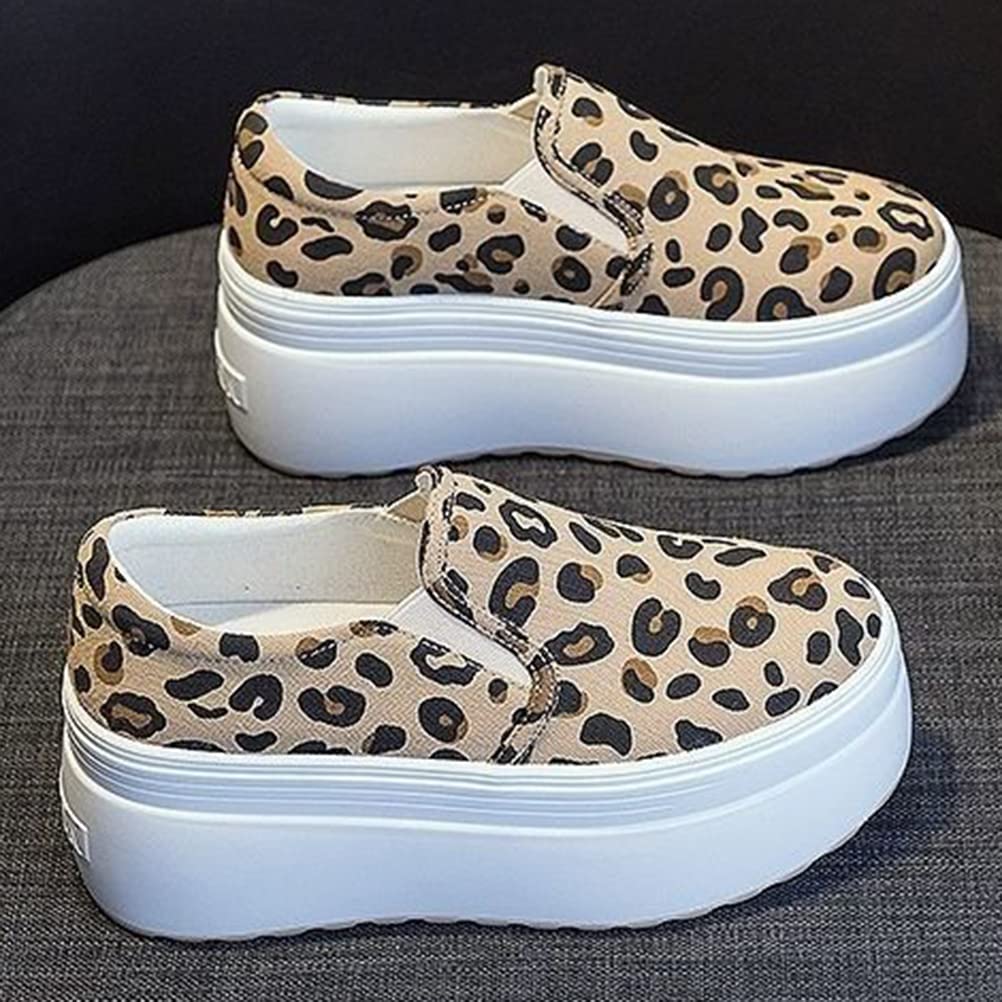 Sin Cordones Trainers Mujer Lona Plataforma Plimsolls Leopard Print Hidden Heel Casual Zapatos Vulcanizados Elegantes Zapatillas