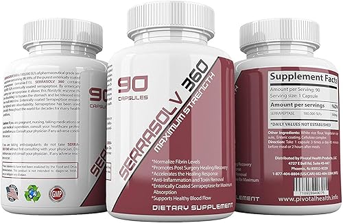 Miniatura 2 de Serrasolv 360 (180,000 SPU por tapa suplemento de enzima serrapeptasa de alta potencia con revestimiento entérico, 180,000 SUs por cápsula reduce la