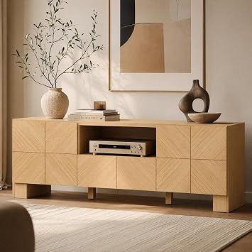70" Modern TV Stand for TVs Up to 80 Inch, Wood Entertainment Center with Outlet and Storage Cabinet, Chevron Pattern TV Console with Adjustable Shelve for Living Room, Bedroom, Natural Oak
